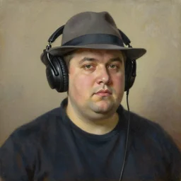 an oil painting portrait of an overweight man wearing a fedora and headphones