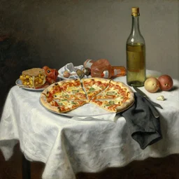 Old Dutch Still Life, old oil painting: Table with tablecloth and pizza slices, junk food
