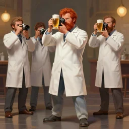 full - body portrait of bearded ginger man wearing scientist costume taking photos of beer, by donato giancola, craig mullins, jeremy mann, face details, extremely detailed, bokeh, photorealistic, reflections, digital illustration
