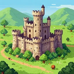 medieval castle, lush landscape, pixel art