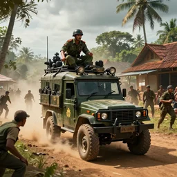 a militarized police vehicle riding through a kerala village, troops searching the area, furious action scene, an epic fantasy, dramatic lighting, cinematic, establishing shot, extremely high detail, photorealistic, cinematic lighting, artstation, matte painting, octane render, by simon stalenhag, horizon forbidden west