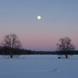 a winter scene with the moon rising above the horizon, octane render by lisa frank