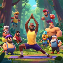lebron james doing yoga in the forest, at all angles clash royal style characters, unreal engine 5, octane render, detailed, brawl stars, cinematografic, cinema 4 d, un artstation trending, high definition, very detailed, blender
