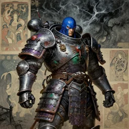 composition of gothic and futuristic, warhammer, cyber japan samurai armor, more and more scars, storm, blue head, some purple and green, the middle ages, highly detailed, artstation, in the style of moebius, jugendstil and classic japanese print, art by jean delville and rene magritte