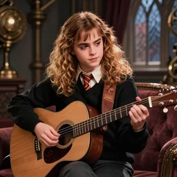 Hermione Granger/Emma Watson wearing a black sweater, playing a guitar, in the Gryffindor common room, steampunk digital art, trending on ArtStation