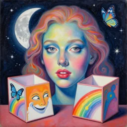 ethereal coherent face+stars+moon+semi-realism painting: psychedelic+j.c. leyendecker+colorful+jack in the box+smiling+🦋🥳🌈