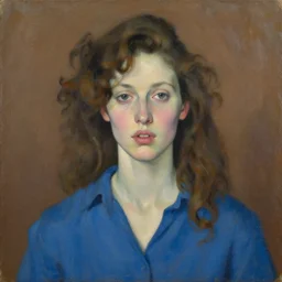 expressive medium shot portrait of a pale young 8 0 s model woman with curly brown hair, big lips, wearing a blue shirt, brown background, oil painting, muted colors, artwork by lucian freud, arnold bocklin