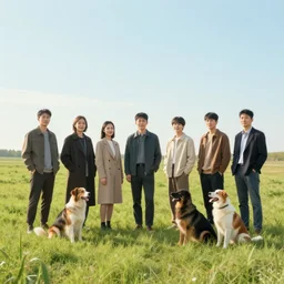 a group of people standing in a field with dogs, an album cover by anne rigney, pexels contest winner, australian tonalism, anamorphic lens flare, windows xp, windows vista