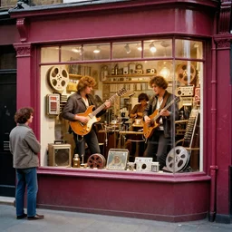 35 mm film, Rock band playing in the vintage store window of the 60s, vintage showcase of the 60s, people stop looking at that showcase of the 60s, London comercial street of the 60s, by Alexander Jasson, CGI, Render, photorealistic, Unreal engine 5 - W 1024