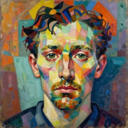 a painting of a man's face with a colorful background, an ultrafine detailed painting by stanton macdonald - wright, behance contest winner, cubo - futurism, cubism, airbrush art, oil on canvas