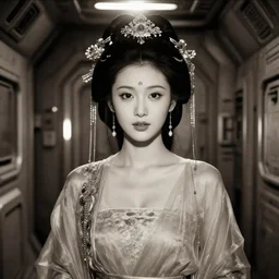 provocative closeup full frontal photo of beautiful sexy  Chinese ancient princess standing in the tight corridor in the space ship, attractive symmetrical face, big eyes and lips, clean face and body skin,ecstatic  face expression, ornamental jewelry and ancient translucent sexy clothes, futuristic space ship interrior, wires with lights,depth of field, lens flare, moody lighting, moody photography, old photo, black and white, sepia, cinematic lighting, cinematic angle, editorial photography