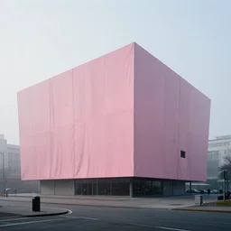 parametric architecture museum. the museum stands in a city. facade in faded pink fabric, morning fog, 1 6 mm camera lens