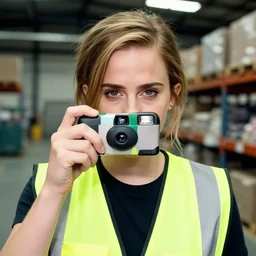photo, close up, emma watson in a hi vis vest, in warehouse, disposable camera,