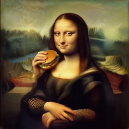 oil on canvas of the mona lisa taking a hamburger, funny, detailed, cinematic, artwork by leonardo da vinci