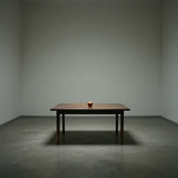 A 10ft by 10ft room empty except for a table in the middle, table is centered, an apple on the table