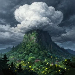 highly detailed illustration of giant a giant forest with fireflies and temples while rains at night and lots of high exposure cummulonimbus clouds by makoto shinkai, by moebius, by oliver vernon, by joseph moncada, by damon soule, by manabu ikeda, by kyle hotz, by dan mumford, by otomo, 4 k resolution