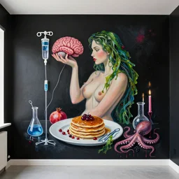 unfurnished apartment with black walls, a sensual portrait of a female pathologist holding a brain, intravenous drip, pomegranate, seaweed, organic, sensual, pancakes, berries, octopus, surgical supplies, scientific glassware, candles, berry juice drips, neo - expressionism, surrealism, acrylic and spray paint and oilstick on canvas