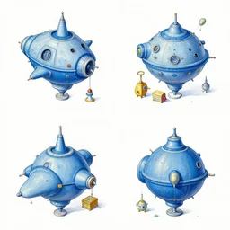 isometric bulbous spaceship model in gouache clean lines detailed bright funny paintings rotated left rotated right props stylised hieronymus bosch