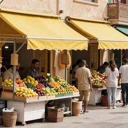 A busy and crowded Persian and Japanese style Middle Eastern street. Fruit stalls under the cover of yellow tents are filled with colorful and exotic fruits. Incense burner stores are filled with metal made brass gourd shaped incense burners. Stalls selling carpets were hung with Japanese ukiyo-e style carpets. Realistic concept art, 4k, full of details. Digital art.