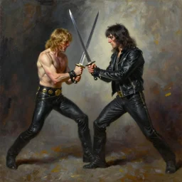dramatic oil painting of bill drummond fighting julian cope with swords
