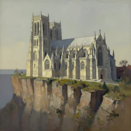 Stunning Charles Sheer painting of a cathedral on the edge of a cliff, precisionist style, muted colours, TF2 screenshot colour palette, flying buttresses