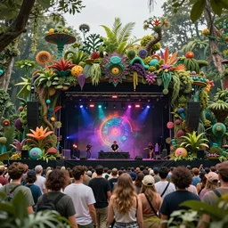 the year is 2 0 3 5 people are visiting a music show enhanced by artificial intelligence, where nature plays an elementary role. there are genetically modified plants that have grown into the mainstage upon which the dj is performing a solarpunk show, a lush overgrown forest world, surrealism solarpunk style by quint bucholtz