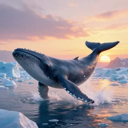 realistic unreal engine digital artwork of icy glaciers in the sunset with a whale as the subject, 4K