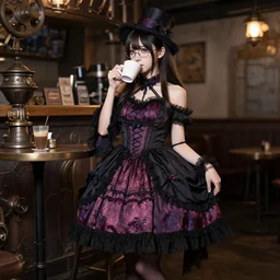 full body portrait photo of a cute young japanese woman wearing a elegant gothic dress, open top, wearing a tophat, and glasses. drinking coffee in a steampunk cafe. studio lighting, at night, realism, realitic, ( ( photograph ) )