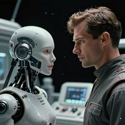 Cinestill 50d, 8K, 35mm,J.J Abrams flare; beautiful ultra realistic minimalistic syd mead in space(1950) film still medical bay scene in 2000s frontiers in blade runner retrofuturism fashion magazine September hyperrealism Hideo Kojima in moebius edition, highly detailed, extreme closeup three-quarter android portrait, tilt shift LaGrange point orbit background, three point perspective, focus on portrait of two androids;pointé pose; eye contact, soft lighting