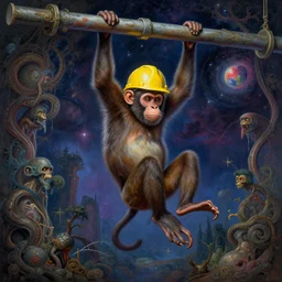 a monkey! wearing a hardhat!! hanging from a girder, cosmic horror painting, elegant intricate digital painting artstation concept art by mark brooks and brad kunkle detailed
