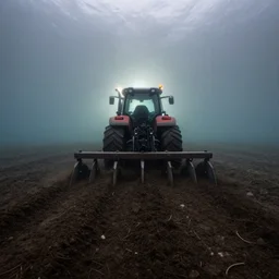 ultrawide shot backlit tractor ploughing the seabed underwater photo on gopro, moody, dull colours