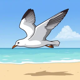 a seagull flying on the beach, cartoon