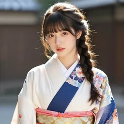portrait of a young woman, medium closeup, braided ponytail, kimono, sunlight, vogue, fashion shot