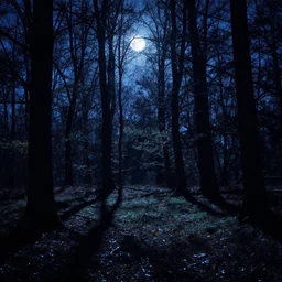 Blue moonlight casting shadows in the woods