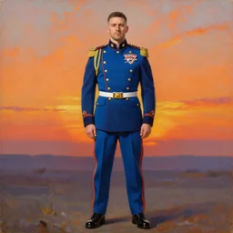 full body portrait of the dictator of the oklahoma city thunder, 1 8 8 9, in full military garb, thunder blue, sunset, navy blue, oil on canvas by william sidney mount, trending on artstation