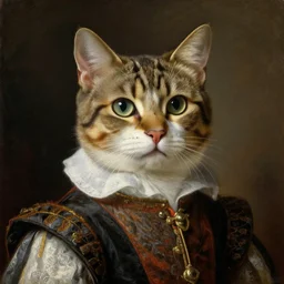 portrait of a pedigree cat wearing renaissance clothes. art by rubens, oilpainting, sharp focus, very detailed, hyper realistic, photorealistic, rich colors