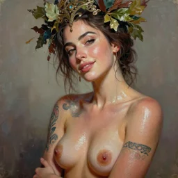 expressive oil painting, of saoirse ronan, seductive look, smirk, smooth glowing skin, glistening body, love, adoration, sweat, tattoos, ornate headpiece made from leaves, glamour shot, by yoshitaka amano, by greg rutkowski, by jeremyg lipkinng, by artgerm, digital art, octane render, grunge aesthetic