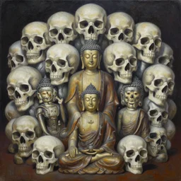 a beautiful painting many skulls combine buddhas, by kusama miyama realistic oil painting