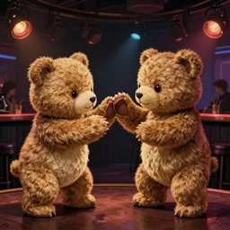 teddy bear fighting each other in a night club, dark retro lighting, darkly playful color scheme, intricate details, matte painting, illustration, by hayao miyazaki
