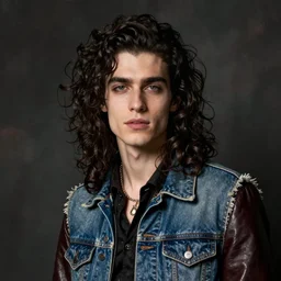 beautiful punk rock vampire young man with very long curly dark hair and a denim vest over a leather jacket, clean shaven, as painted by winslow homer and leyendecker