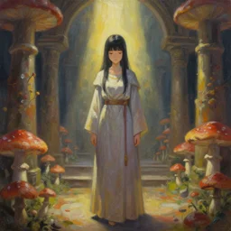 priestess in the mycena mushroom temple. gouache painting by award - winning mangaka, bloom, chiaroscuro, backlighting, depth of field.