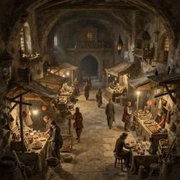 concept art, a beautiful highly detailed interior display of a fantasy small medieval market of a small town, poor, small, realistic shaded lighting poster by ilya kuvshinov, magali villeneuve, artgerm, jeremy lipkin and michael garmash and rob rey