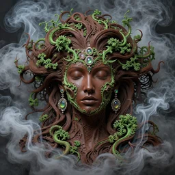 song of the billowing smoke clouds, detailed beauty portrait, chocolate, entwined by green fractal vines and roots, opulent swirling hair, iridescent jewellery, mycelium network, face in focus, organic background, art by wlop, peter morebacher, greg rutkowski, craig mullins, ruan jia, thomas kinkade, victor ngai, ernst haeckel,