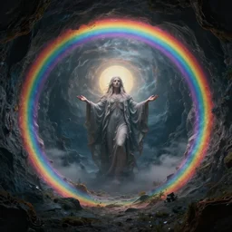 photorealistic, the circular hollow earth fantastical landscape with the dreaming god in the middle of it, by anton semenov, trending on artstation, 4 k hd, gigapixel, fantasy art, sharpness applied, hyperrealism, low light, dark rainbow