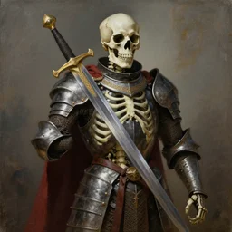 A painting of a skeleton with a big sword and armor, fantasy, middle ages