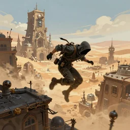 Thief running and jumping on the rooftops of a bustling steampunk city in the desert with a towering building made of scraps seen in the distance, digital painting, highly detailed, dynamic, concept art, game art, artstation