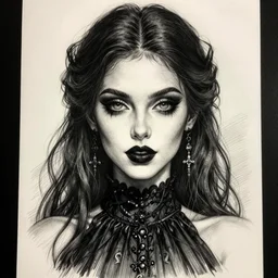 a gothic female, wearing black lipstick and a black skirt, full body, highly detailed digital art, intricate drawing, extremely detailed face, beautiful face, beautiful aesthetic face, 8 k resolution, realistic fantasy