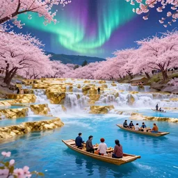 floating markets of shinsekai japan on waters flowing down gold travertine terraces in royal blue antelope canyon during sakura season on an interstellar aurora borealis, pink waterfalls, vendors, fun, by peter mohrbacher, james jean, james gilleard, greg rutkowski, vincent di fate, rule of thirds, octane render, beautiful landscape