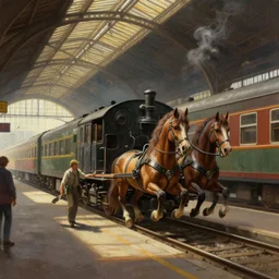 portrait of a train station that mechanical horses are used to push the trains, digital painting, artstation, concept art, donato giancola, Joseph Christian Leyendecker, WLOP, Boris Vallejo, wide view, cinematic lighting, dramatic lighting, masterpiece, light brazen, extremely detailed