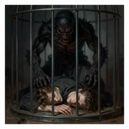 a horrible shadow monster looming over a man trapped in a cage,